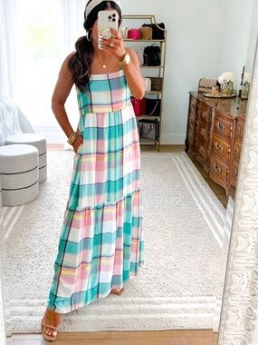 LOFT Petite Plaid Strappy Tiered Maxi Pocket Dress size XS